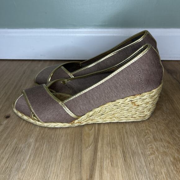 Ralph Lauren Women 9 Cecelia Gray Jersey Gold Trim Espadrille Jute Wedge Peep To - Picture 4 of 9